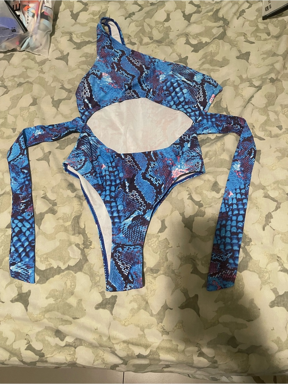 Blue Snake Print Cutout One-Piece Swimsuit